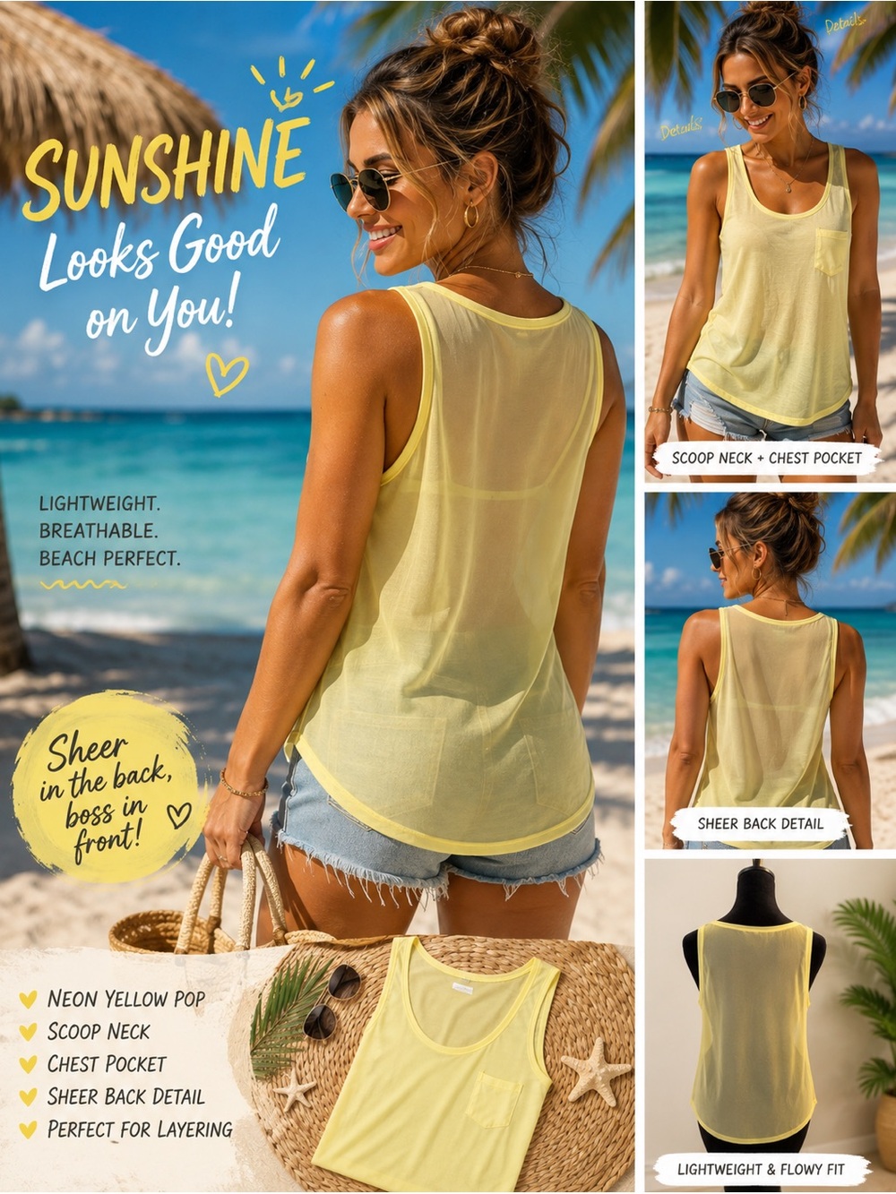 2 / $10 H&M Yellow Scoop Neck Tank with Chest Pocket Sheer Back